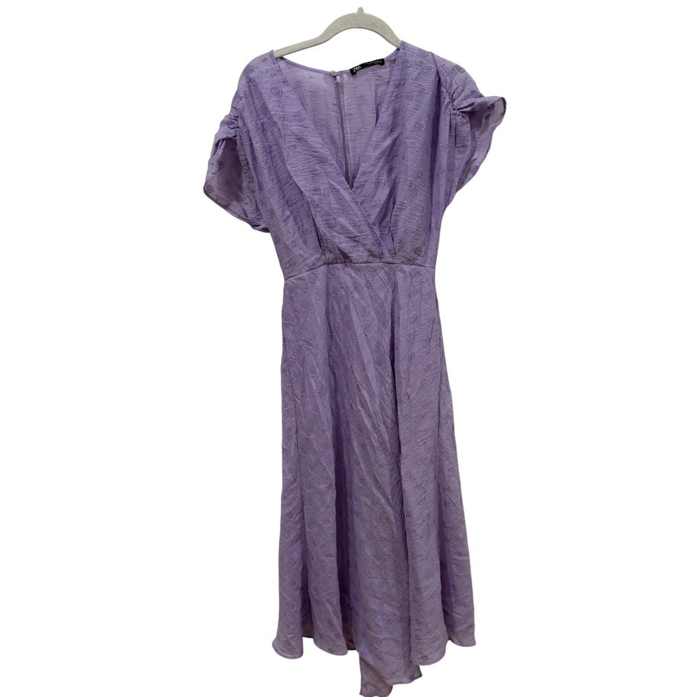 Zara Lavender Clip Dot Midi Dress Purple Short Sleeve Wrap V-Neck Small
